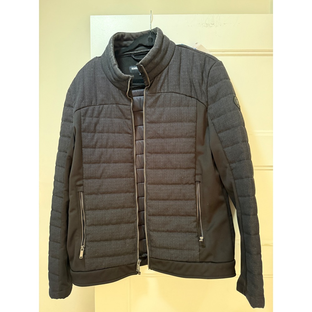 Karl Lagerfeld Paris Mens Mixed Media Quilted Softshell Jacket Black Grey Medium